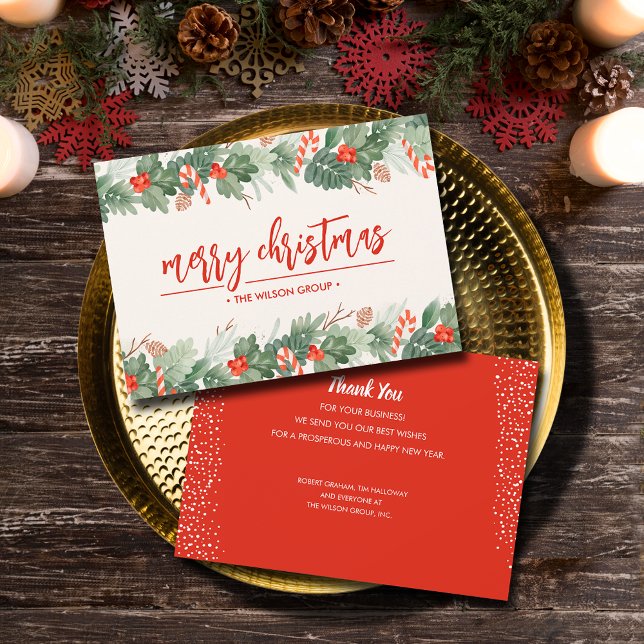 Cartes Pour Fêtes Annuelles Sucres de canne Berries Noël d'affaires (Candy canes, greenery and berries business Christmas holiday cards)