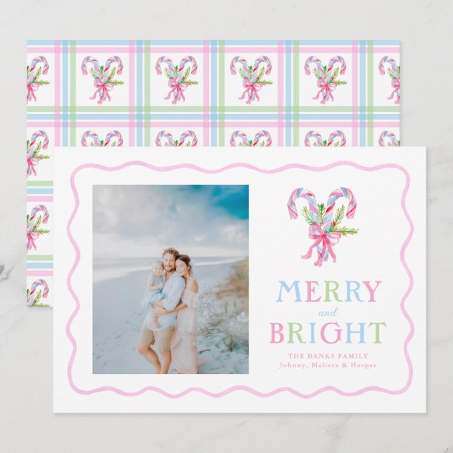 Cartes Pour Fêtes Annuelles Sucres de canne d'aquarelle Preppy Wavy Frame (Devant / Derrière)
