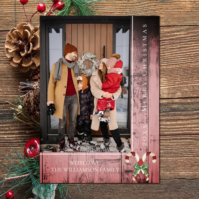 Cartes Pour Fêtes Annuelles Sucres de canne rustiques Noël | Rose (Pink Rustic Candy Canes Christmas Photo Card)