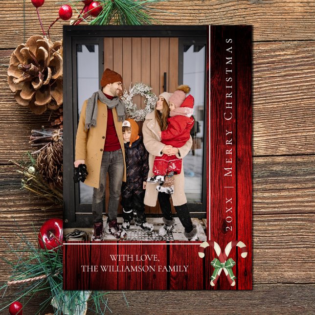 Cartes Pour Fêtes Annuelles Sucres de canne rustiques Noël | Rouge (Red Rustic Candy Canes Christmas Photo Card)