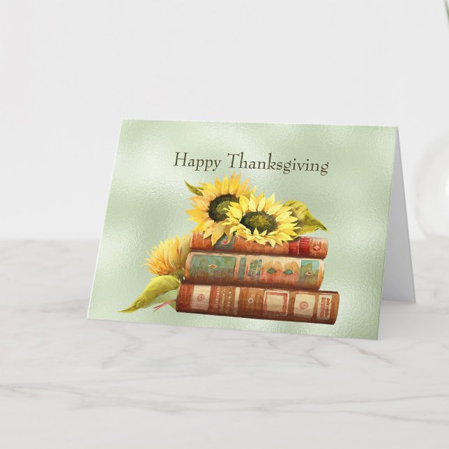 Cartes Pour Fêtes Annuelles Sunflowers Yellow Books Aquarelle Thanksgiving (Créateur téléchargé)