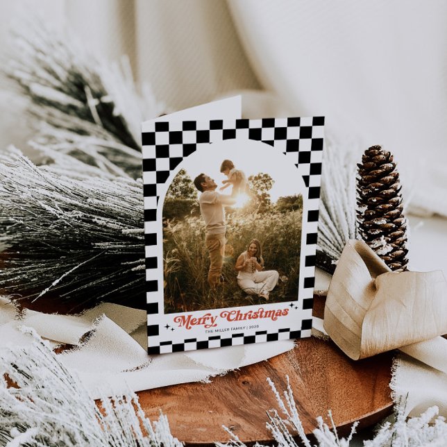 Cartes Pour Fêtes Annuelles Super Retro À damiers Arch Photo (Retro Checkered Arch Photo Family Christmas Card)