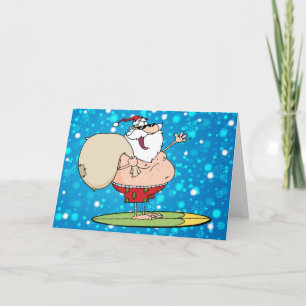 Cartes Pour Fêtes Annuelles surf père Noël avec sac de jouets