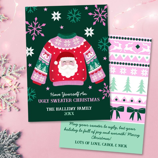 Cartes Pour Fêtes Annuelles Sweat moche avec Père Noël & Snowflakes (Ugly Sweater with Santa & Snowflakes Holiday Card)