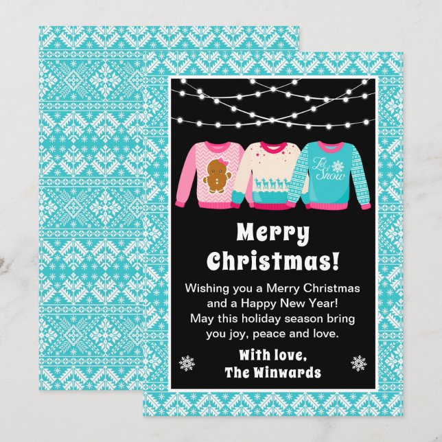 Cartes Pour Fêtes Annuelles Sweaters de Noël moches Bleu Joyeux Noël (Devant / Derrière)