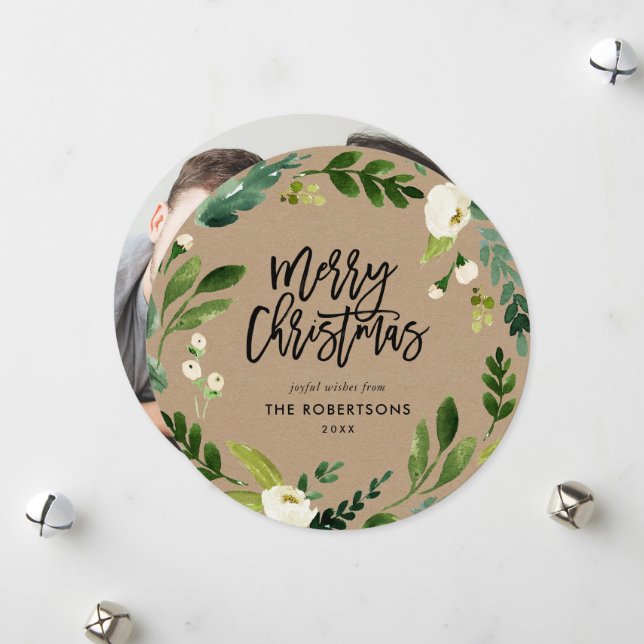 Cartes Pour Fêtes Annuelles Sweet Greenery Floral Wreath Round Photo (Devant/Arrière en situation)