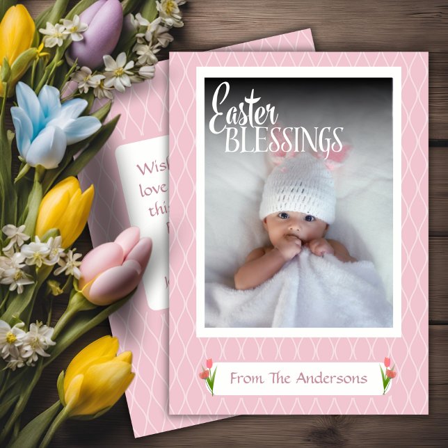 Cartes Pour Fêtes Annuelles Sweet Pastel Rose Pâques Bénédictions Photo person (Sweet Pastel Pink Easter Blessings Custom Photo Holiday Card)