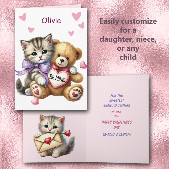 Cartes Pour Fêtes Annuelles Sweet Petite-fille Kitten Teddy Bear Valentine (Créateur téléchargé)