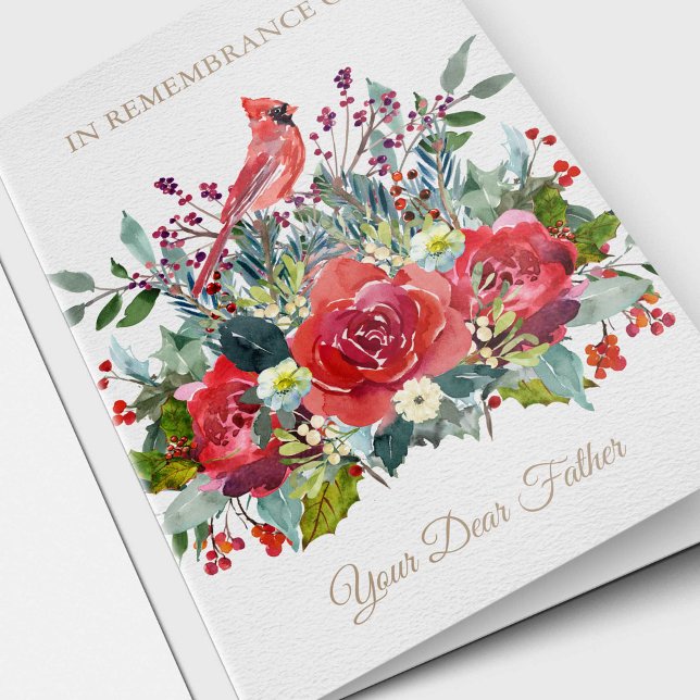 Cartes Pour Fêtes Annuelles Sympathie de Noël Cher Père Souvenir (Watercolor florals and Cardinal Christmas Holiday Sympathy Remembrance Card)