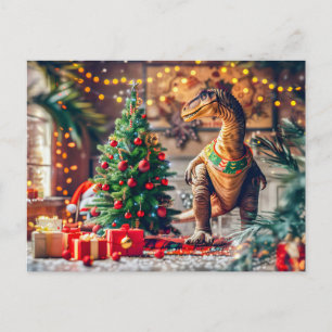 Cartes Pour Fêtes Annuelles T-Rex célébrant Noël près de l'arbre