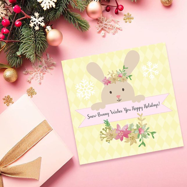 Cartes Pour Fêtes Annuelles Tan Snow Bunny rose Or Poinsettia Hoppy (Créateur téléchargé)
