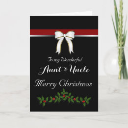 Cartes Pour Fêtes Annuelles Tante / Oncle Joyeux Noël - Bow/ Holly sur Noir