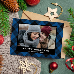 Cartes Pour Fêtes Annuelles Tartan de Noël Festif Bleu et Noir Photo