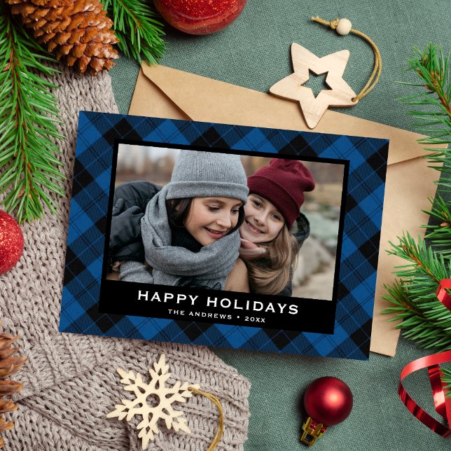 Cartes Pour Fêtes Annuelles Tartan de Noël Festif Bleu et Noir Photo (Créateur téléchargé)