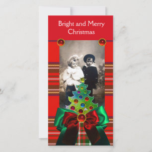 CARTES POUR FÊTES ANNUELLES TARTAN ÉCOSSAIS, ARBRE DE NOËL ET RUBANS ROUGES VE