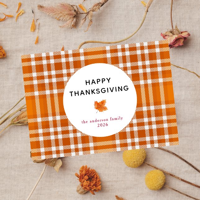 Cartes Pour Fêtes Annuelles Tartan Plaid | Bon thanksgiving Feuilles d'automne (Créateur téléchargé)