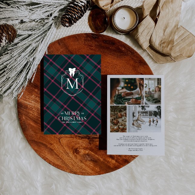 Cartes Pour Fêtes Annuelles Tartan vert et rose | Coquette Bow Monogramme Phot (Créateur téléchargé)