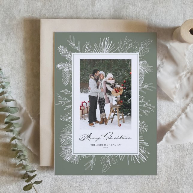 Cartes Pour Fêtes Annuelles Taupe Cadre Botanique Vert Photo Noël (Créateur téléchargé)
