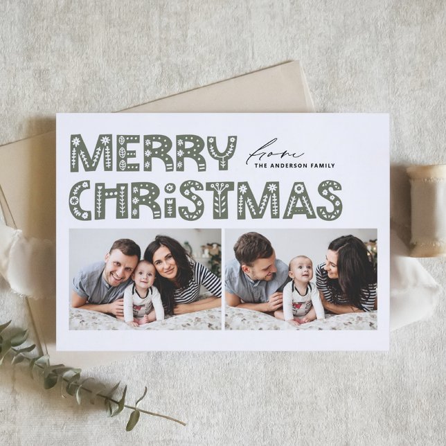 Cartes Pour Fêtes Annuelles Taupe Vert Scandinave Deux Photo Noël (Créateur téléchargé)