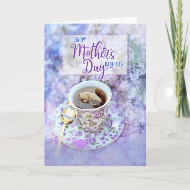 Cartes Pour Fêtes Annuelles Teacup fille et fleurs violettes Fête des mères (Devant)