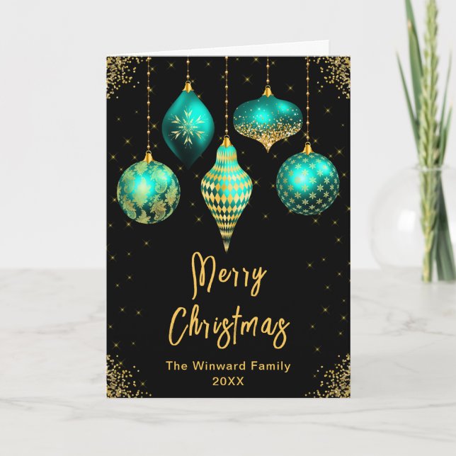 Cartes Pour Fêtes Annuelles Teal and Gold Ornaments Merry Christmas (Devant)