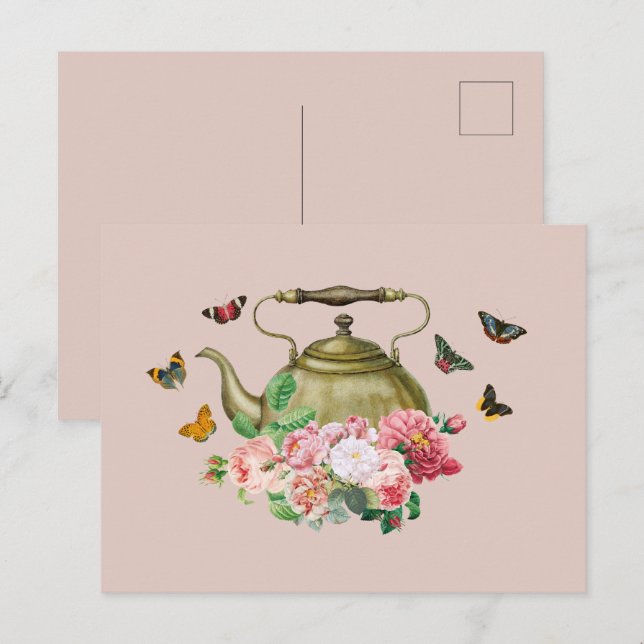 Cartes Pour Fêtes Annuelles Teapot Party rose Floral & Papillons Kettle (Devant / Derrière)