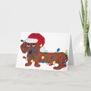 Cartes Pour Fêtes Annuelles Teckel embrouillé dans des lumières de Noël
