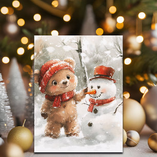 Cartes Pour Fêtes Annuelles Teddy Bear et Snowman