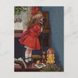 Cartes Pour Fêtes Annuelles Téléphone Antique de Petite Fille de Noël