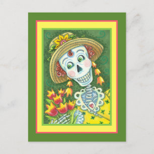 CARTES POUR FÊTES ANNUELLES TEMPS DE PRINTEMPS SKELLY ET TULIPS, LADY SKELETON