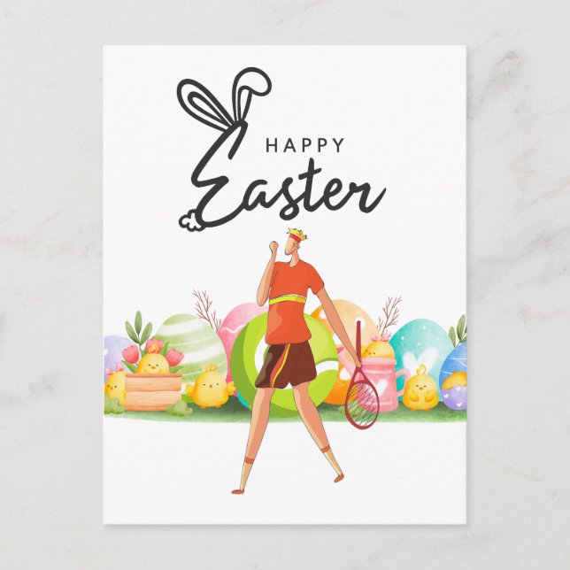 Cartes Pour Fêtes Annuelles Tennis Joyeux Pâques à Tennis Joueur avec oeufs (Devant)