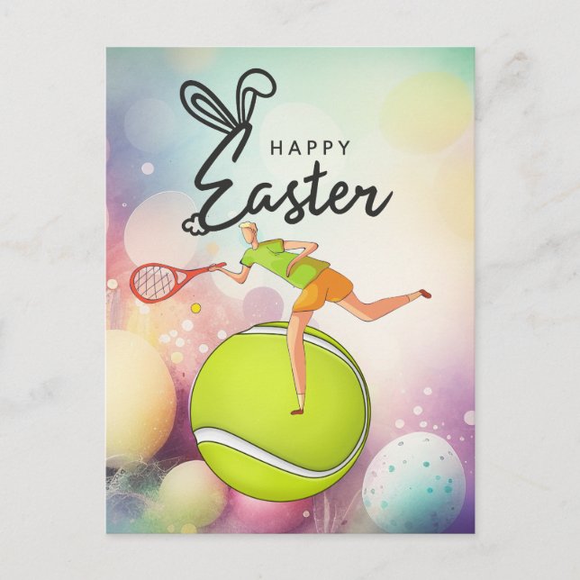 Cartes Pour Fêtes Annuelles Tennis Joyeux Pâques à Tennis Joueur avec oeufs (Devant)
