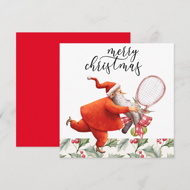 Cartes Pour Fêtes Annuelles Tennis Noël avec raquette et couronne de Noël (Devant / Derrière)