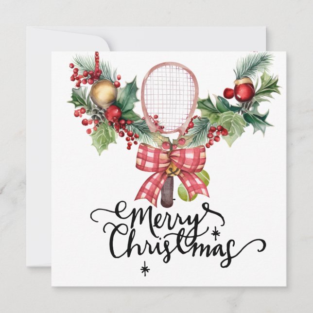 Cartes Pour Fêtes Annuelles Tennis Noël avec raquette et couronne de Noël (Devant)