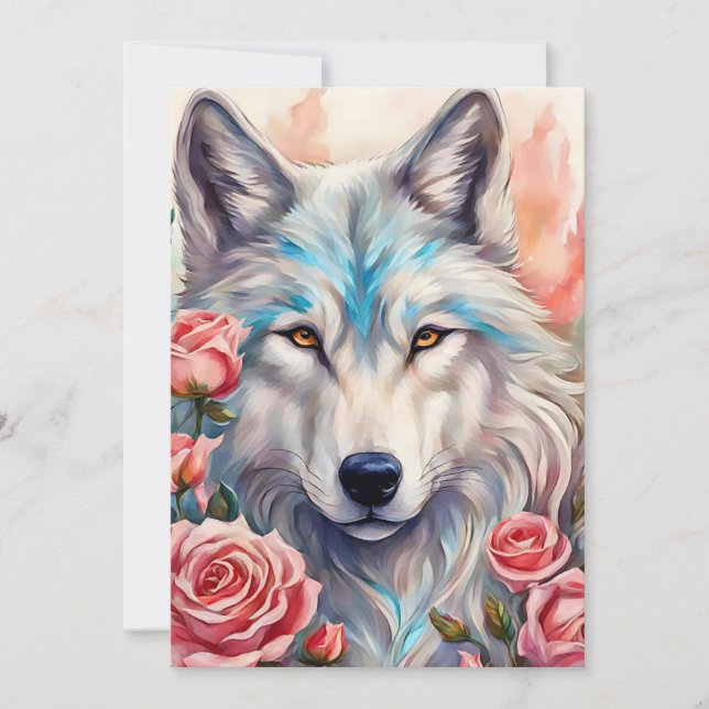Cartes Pour Fêtes Annuelles tête de loup roses roses animal peinture (Devant)