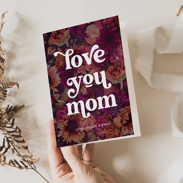 Cartes Pour Fêtes Annuelles Texte Boho Rétro | J'aime maman fleurs audacieuses (Créateur téléchargé)