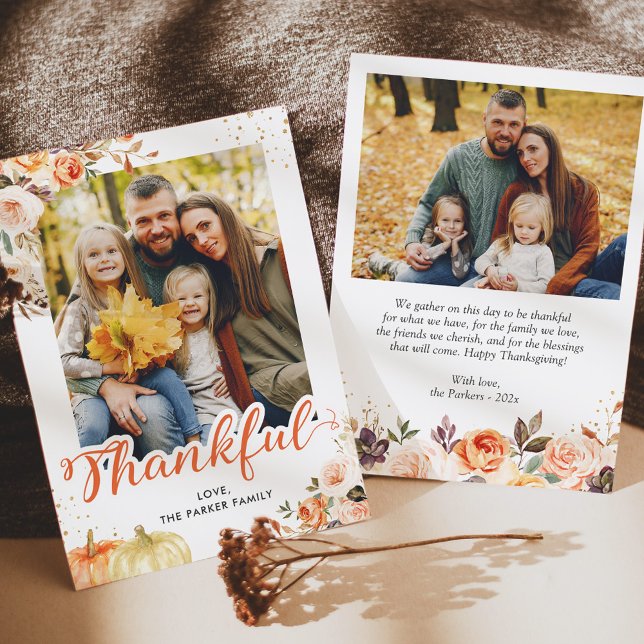 Cartes Pour Fêtes Annuelles Thankful Automne Gold Floral 2 Photos Thanksgiving (Créateur téléchargé)