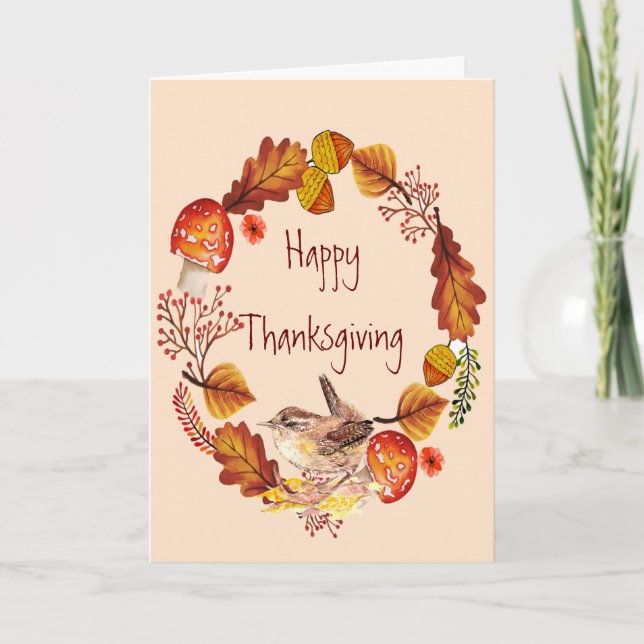 Cartes Pour Fêtes Annuelles Thanksgiving Autumn Wreath House Wren Bird (Devant)