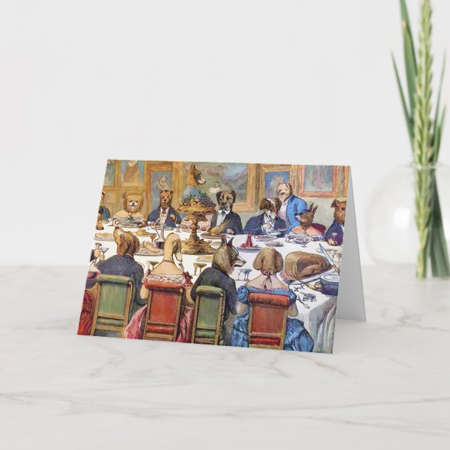 Cartes Pour Fêtes Annuelles Thanksgiving avec Dogs aka "Dogs Dinner Party" (Devant)