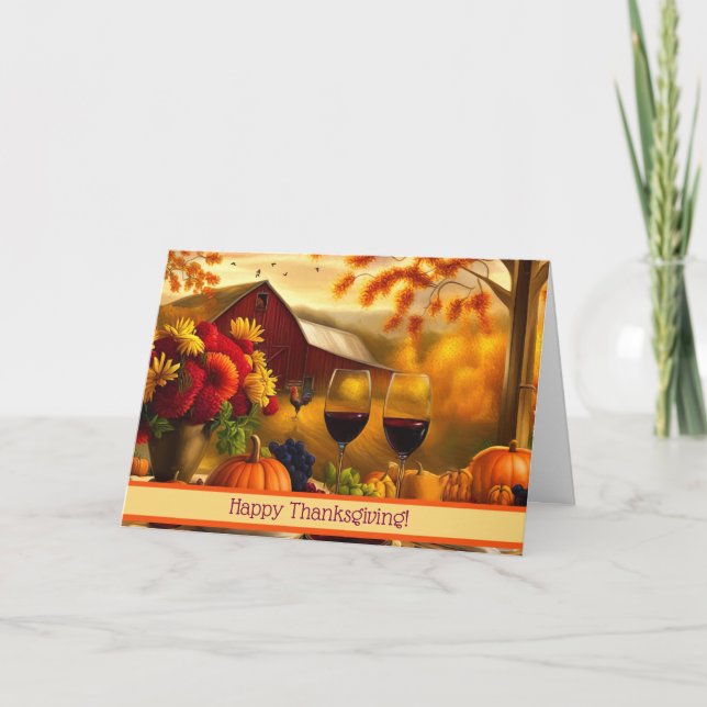 Cartes Pour Fêtes Annuelles Thanksgiving avec Vin Humour et paysage de campagn (Devant)