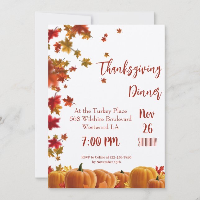 Cartes Pour Fêtes Annuelles Thanksgiving Fall quitte Citrouille Dîner Invitati (Devant)