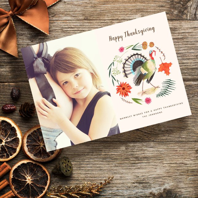 Cartes Pour Fêtes Annuelles Thanksgiving floral | de la guirlande | de la (Modern Elegant Turkey Thanksgiving floral photo Holiday Card)