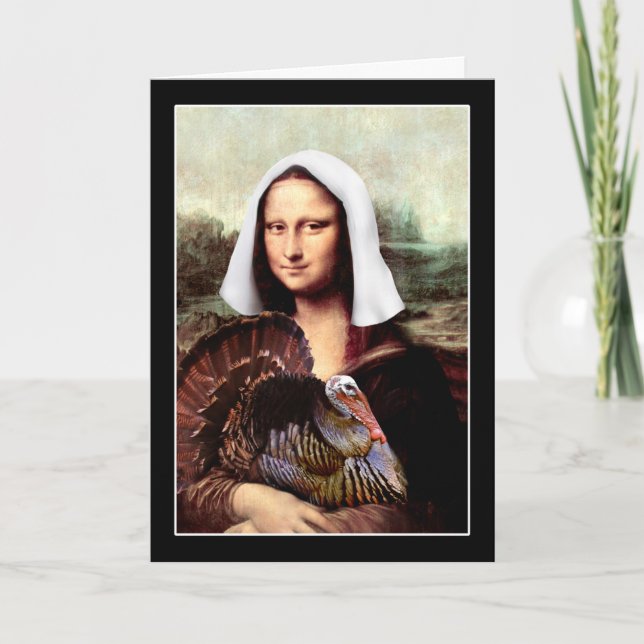 Cartes Pour Fêtes Annuelles Thanksgiving Mona Lisa Pilgrie avec la Turquie (Devant)