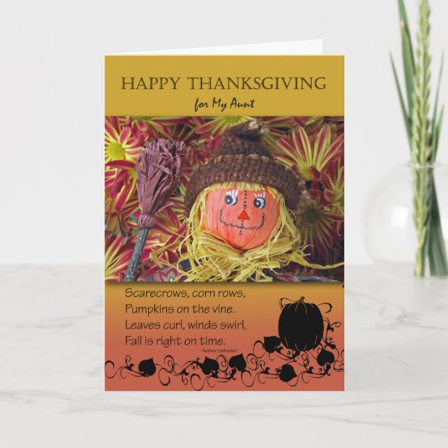 Cartes Pour Fêtes Annuelles Thanksgiving pour tante, Scarecrow et Poem (Devant)