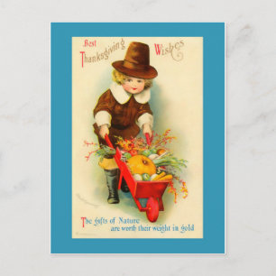 Cartes Pour Fêtes Annuelles Thanksgiving Vintage Pilgrim Boy & Wheelbarrow