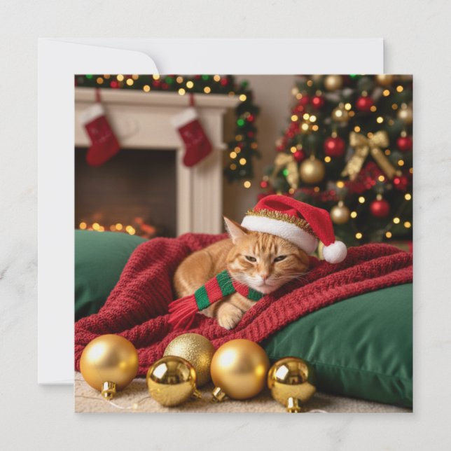 Cartes Pour Fêtes Annuelles Thème de Noël Chat dans Canapé (Devant)