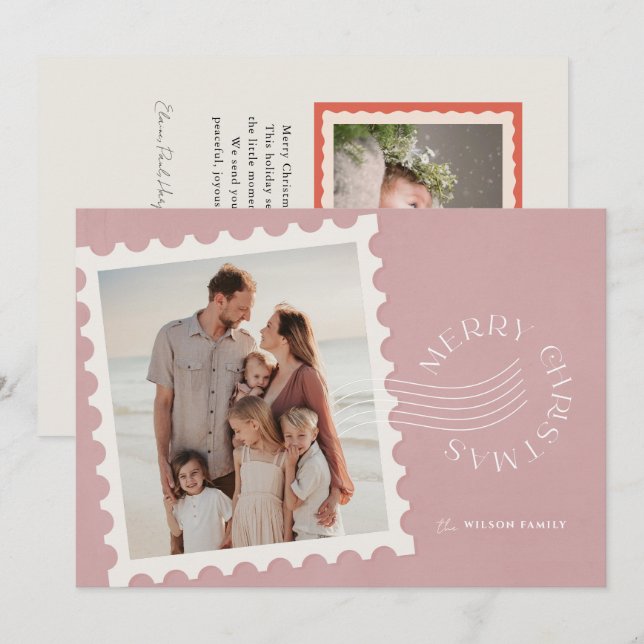 Cartes Pour Fêtes Annuelles Timbre rose Boho Dusty 2 Photo Noël (Devant / Derrière)