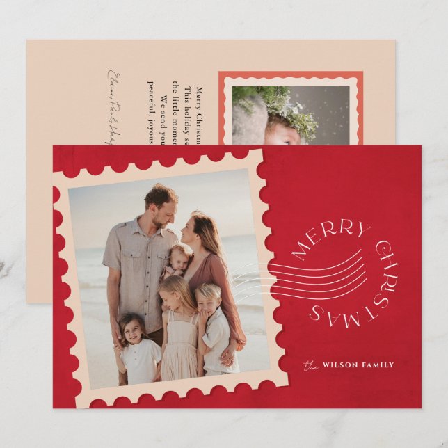 Cartes Pour Fêtes Annuelles Timbre rouge 2 Photo Noël (Devant / Derrière)
