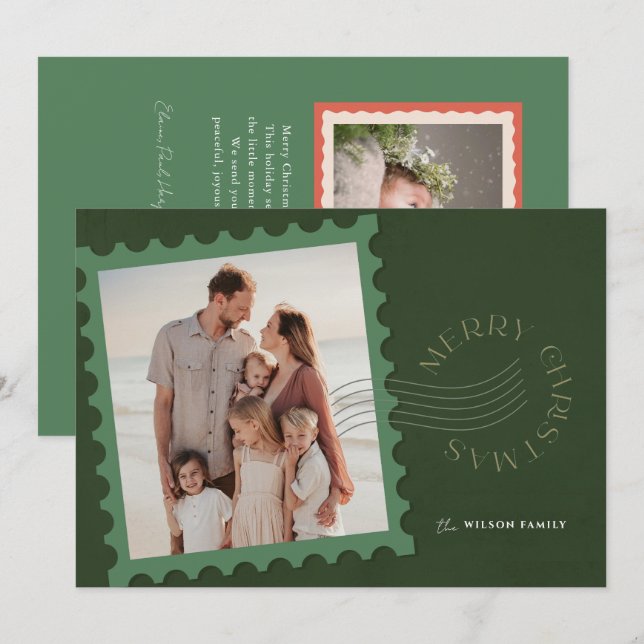 Cartes Pour Fêtes Annuelles Timbre vert 2 Photo Noël (Devant / Derrière)