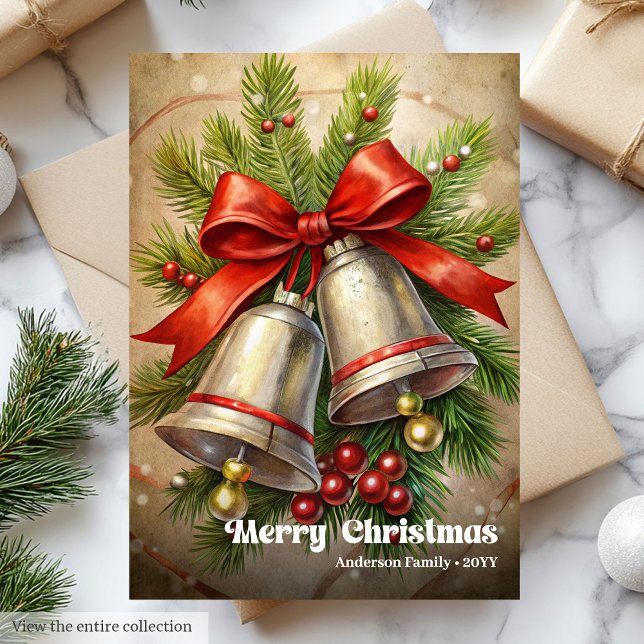 Cartes Pour Fêtes Annuelles Timeless Christmas bells rustic pine wreath beauty (Timeless Christmas bells rustic pine wreath beauty)